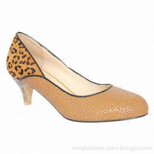 Real Leather Women's Court Footwear with Heel, Round Toe, Beige Rubber Outsole, Dress Vamp